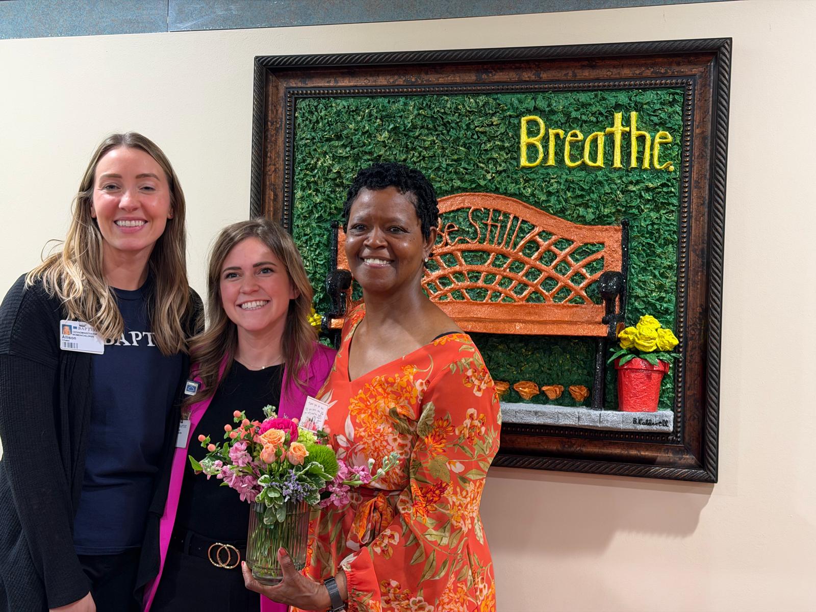 Pictured with Brenda from left: Allison Chase, CEO, Baptist Memorial Hospital for Women and Laura Cantrell, Director of Community Engagement, Baptist Memorial Hospital for Women